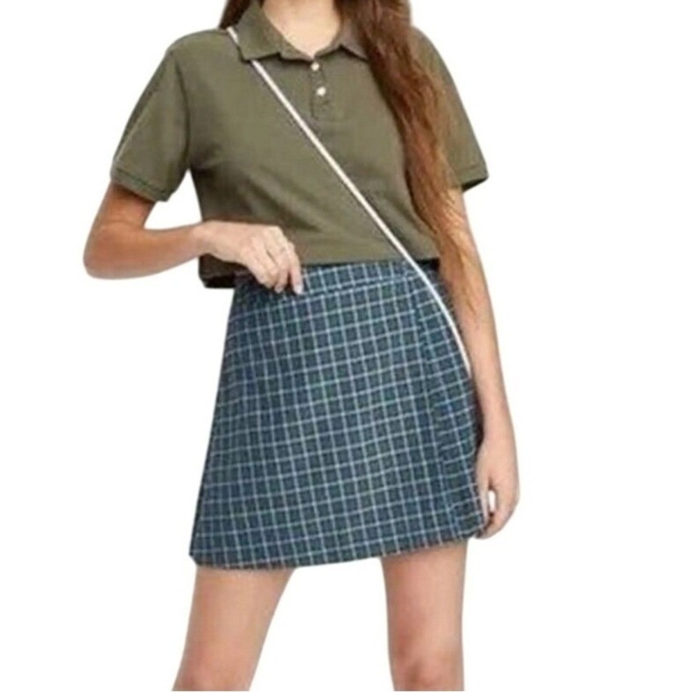 Wild Fable Green Blue Plaid Pleated Mini Skirt Wrap Front Side Buckle Womens XS